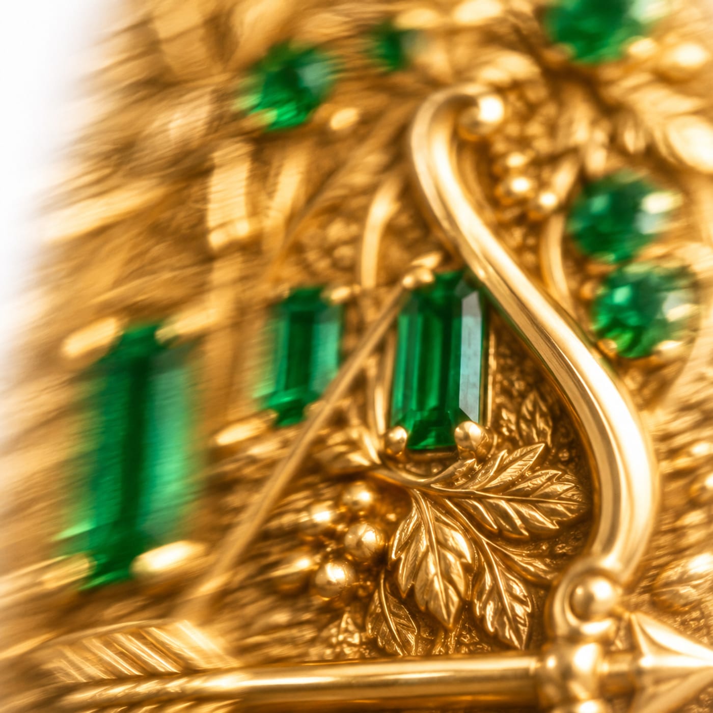 Detalhe de joia dourada com pedras verdes