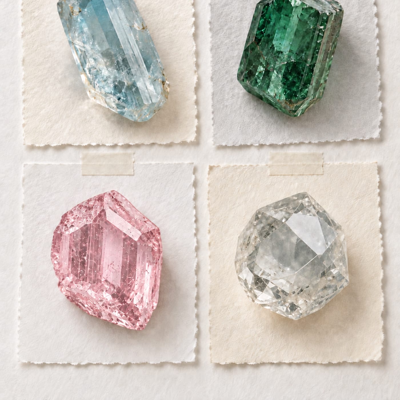 Seleção de pedras em tons azul, verde, rosa e cristal